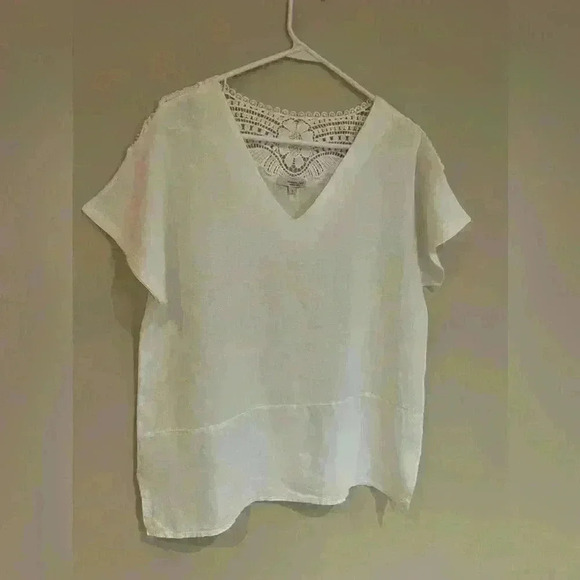 Vanessa Zani White Linen Lacy V-Neck Top Size S Made in Italy - Picture 2 of 10